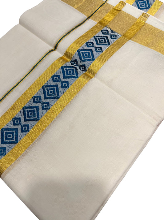Southloom Premium Handloom Cotton Double Mundu with Gold And Blue Woven Work Kasavu Border