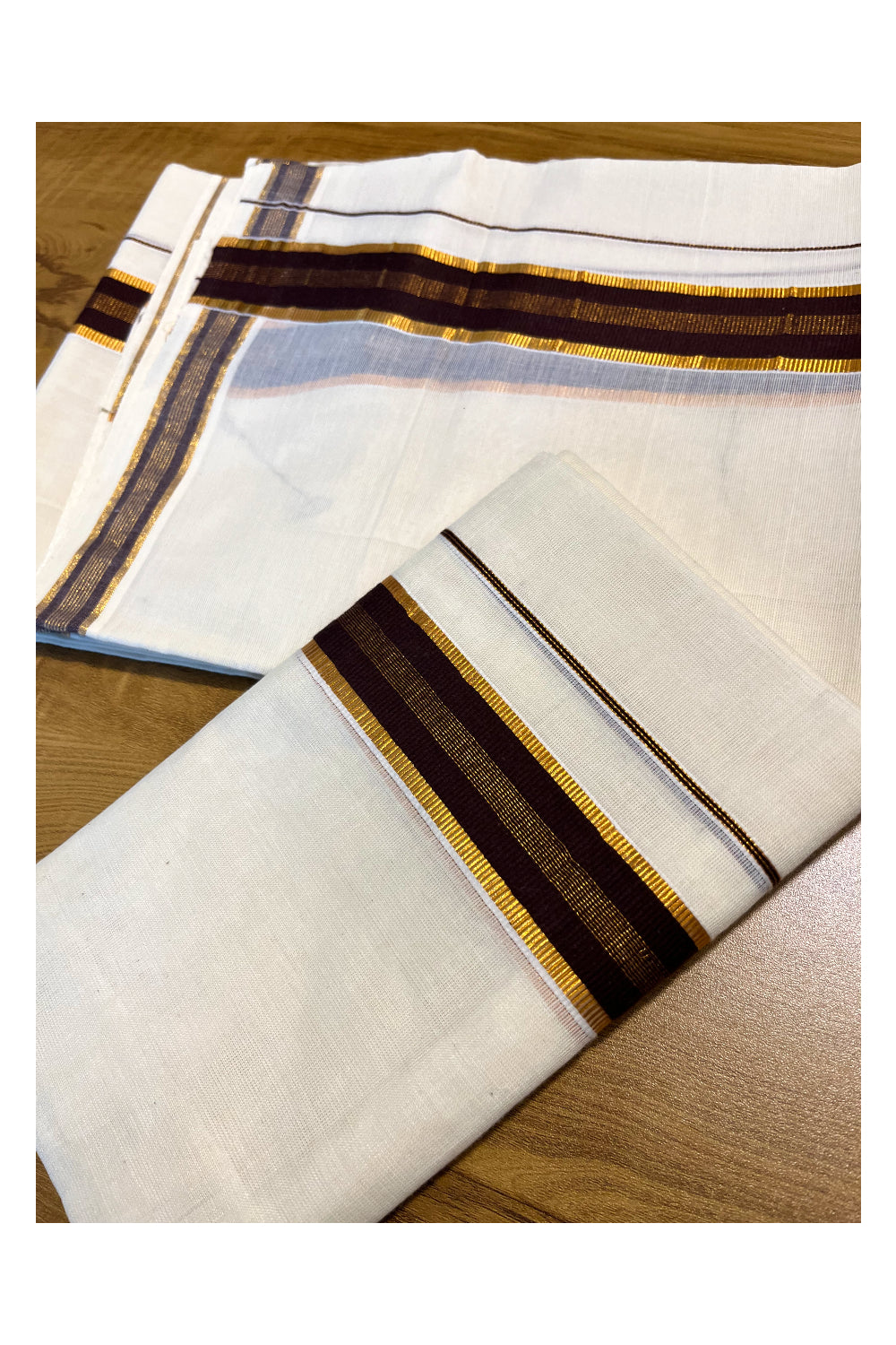 Kerala Cotton Mundum Neriyathum Single (Set Mundu) with Dark Brown and Kasavu Border