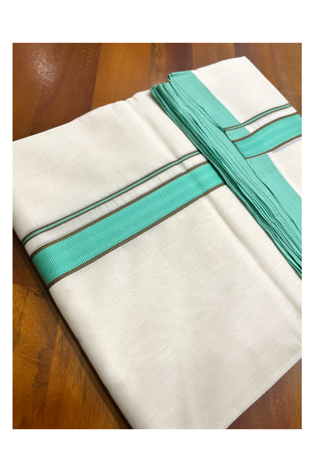 Premium Balaramapuram Handloom Unakkupaavu Cotton Double Mundu with Turquoise Border (Vishu 2024 Collection)