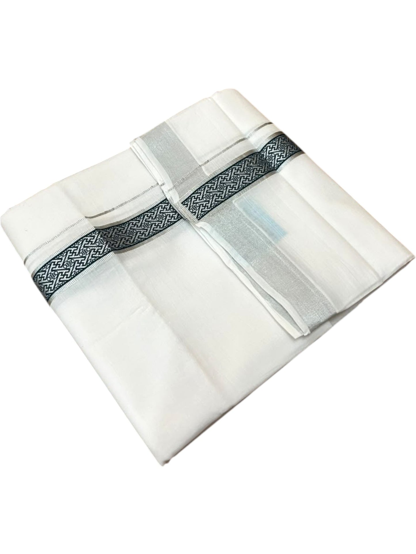 Southloom Pure White Cotton Mundu with Green and Silver Kasavu Border (South Indian Kerala Dhoti)