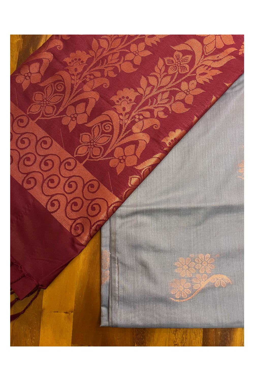 Southloom Soft Silk Gray Designer Woven Saree with Maroon Heavy Work on Pallu