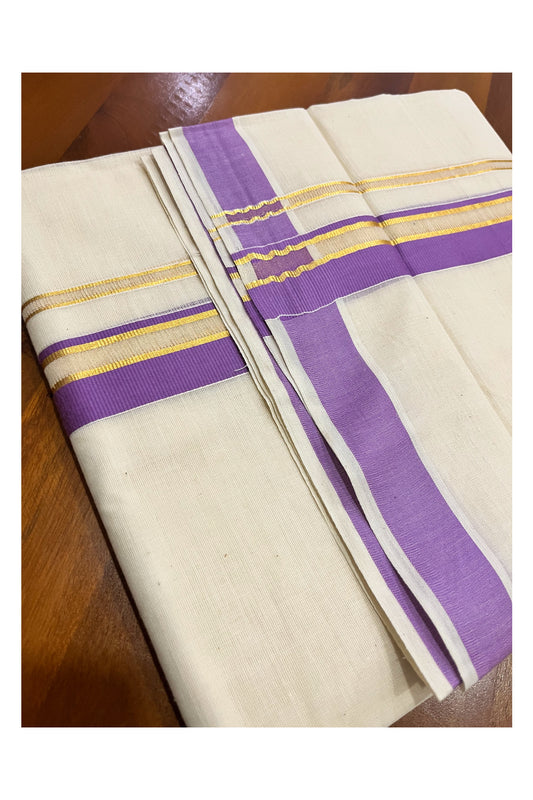 Kerala Pure Cotton Double Mundu with Violet and Kasavu Border (South Indian Kerala Dhoti)