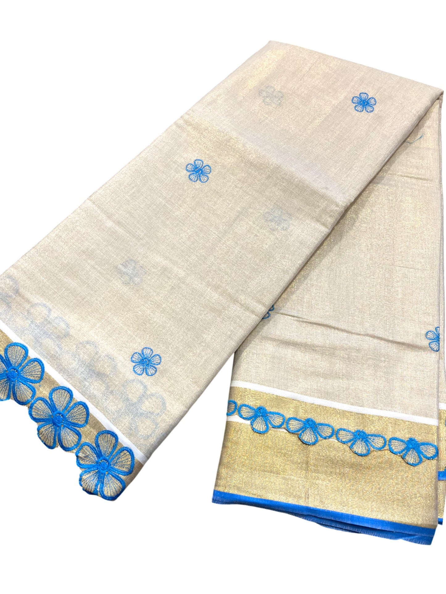 Southloom Kerala Tissue Kasavu Saree with Blue Floral Embroidery on Body and  Border