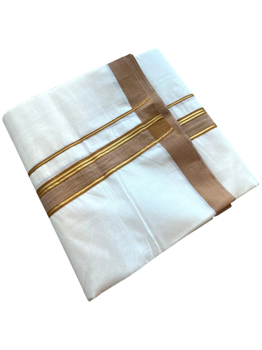 Southloom Pure Cotton Mundu with Golden Lines and Brown Border (South Indian Kerala Dhoti)