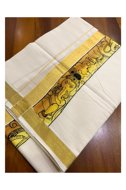 Kerala Pure Cotton Double Mundu with Ganesha Mural Hand Painted Design on Kasavu Border (South Indian Kerala Dhoti)