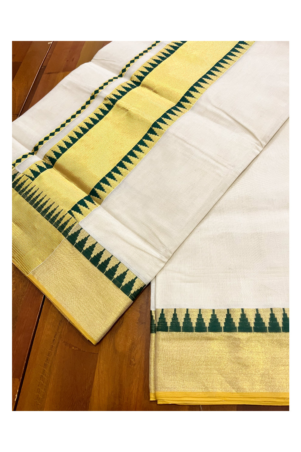 Southloom™ Premium Balaramapuram Handloom Cotton Kasavu Saree with Green Temple Border