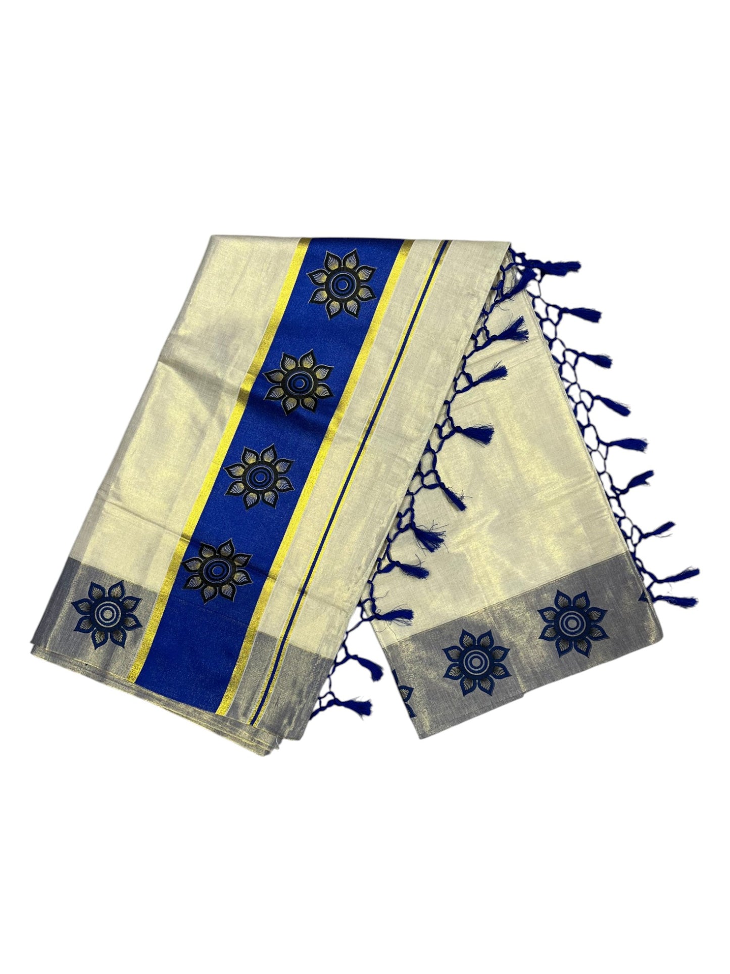 Southloom Kerala Tissue Kasavu Saree with Floral Block Prints in Blue Border