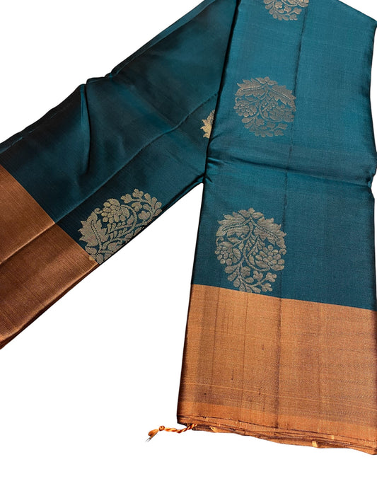 Southloom Pure Handloom Kanchipuram Silk Saree with Butta Work(Blue & Brown )