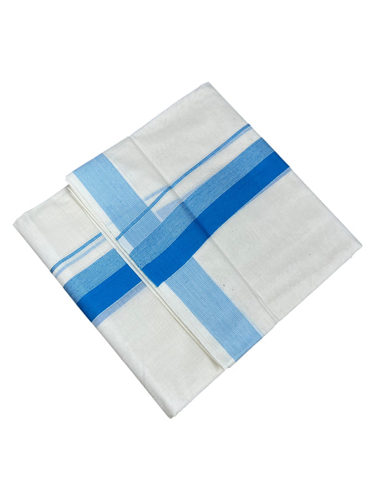 Southloom Kerala Pure Cotton Double Mundu with BLue Lines And Blue Border (South Indian Kerala Dhoti)