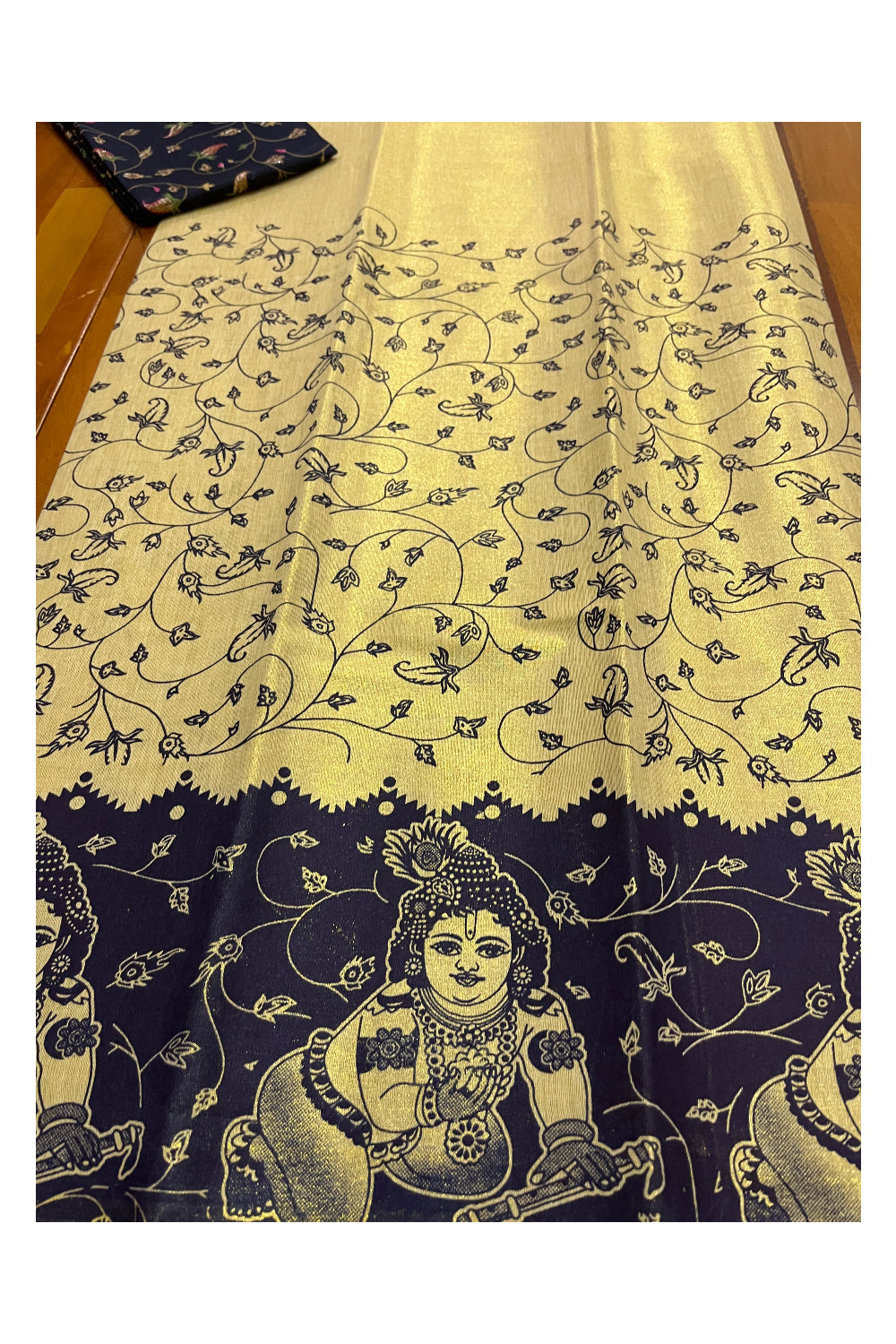 Kerala Tissue Block Printed Pavada and Dark Blue Designer Blouse Material for Kids 3 Meters