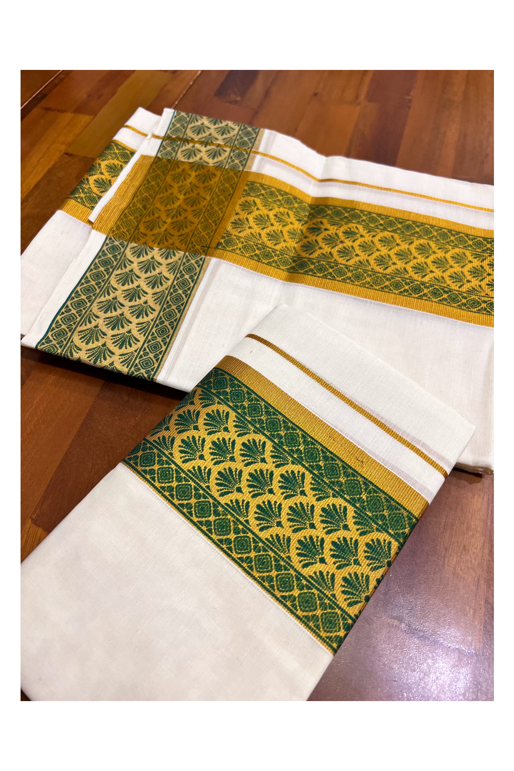 Kerala Pure Cotton Set Mundu Single (Mundum Neriyathum) with Green Block Prints on Kasavu Border