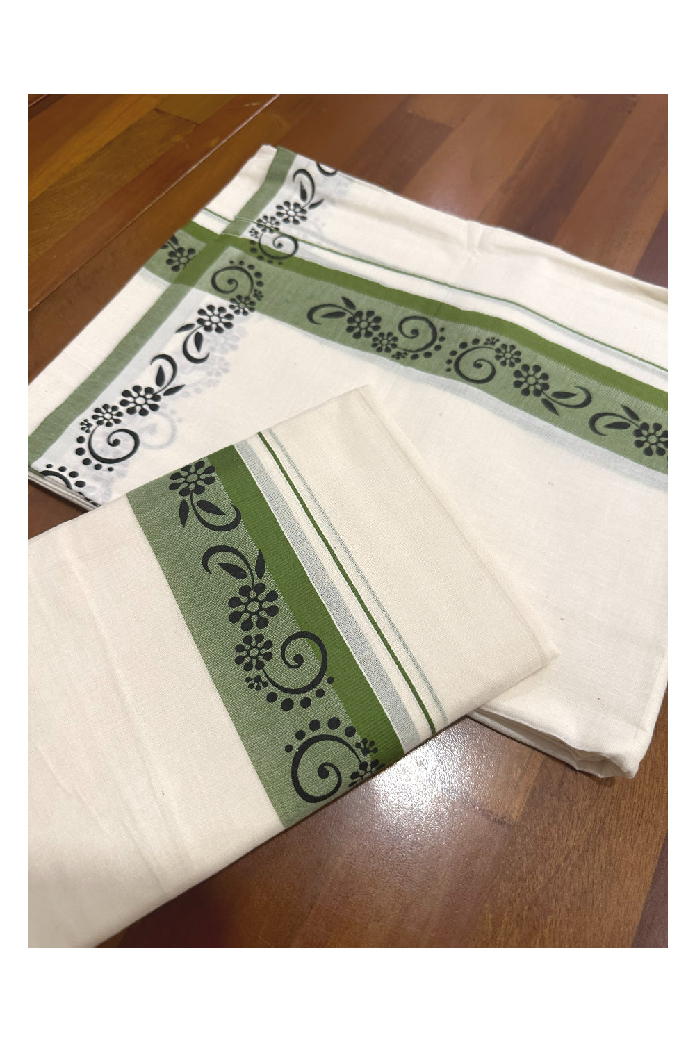 Kerala Cotton Set Mundu (Mundum Neriyathum) with Black Block Prints in Green Border