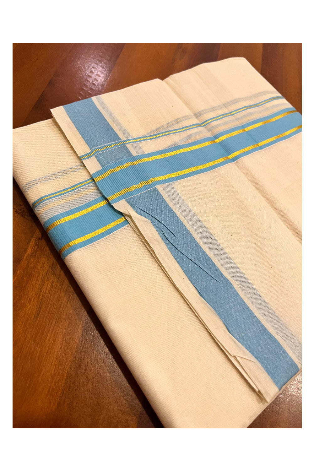 Pure Cotton Mundu with Blue and Kasavu Border (South Indian Kerala Dhoti)