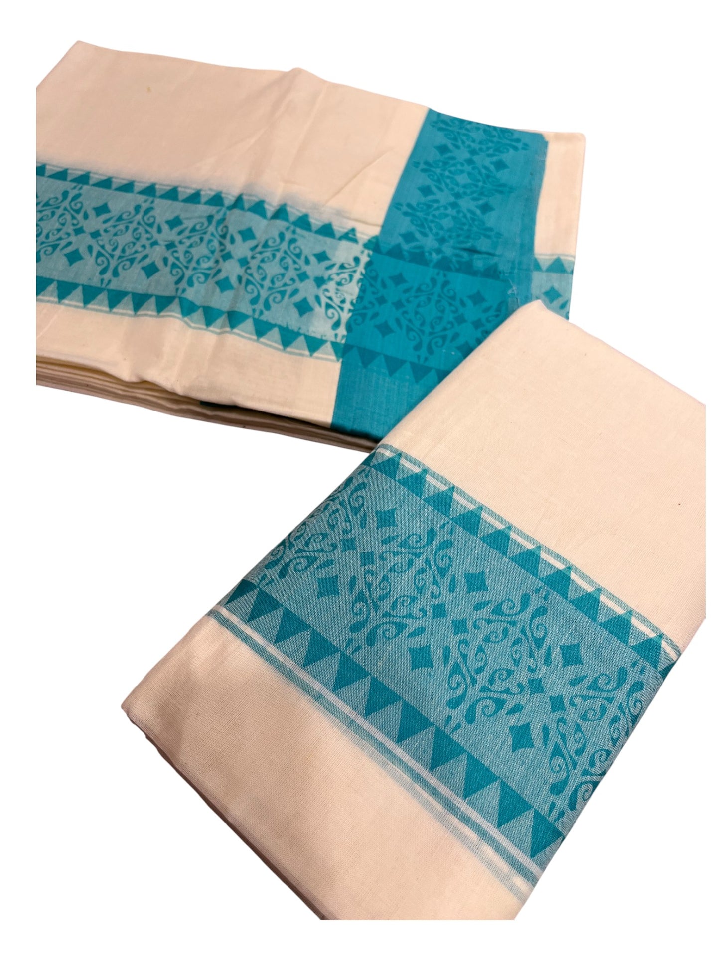 Kerala Cotton Single Set Mundu (Mundum Neriyathum) with Blue Temple Block printed Border 2.80 mtr