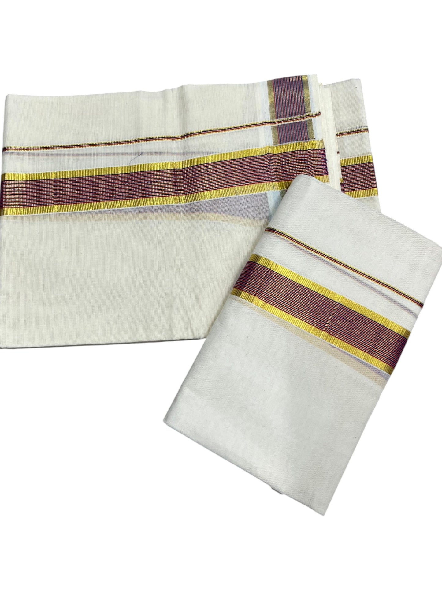 Kerala Cotton Set Mundu (Mundum Neriyathum) with Kasavu and Blue & Pink Lines Border 2.80 Mtrs SLKK SL470