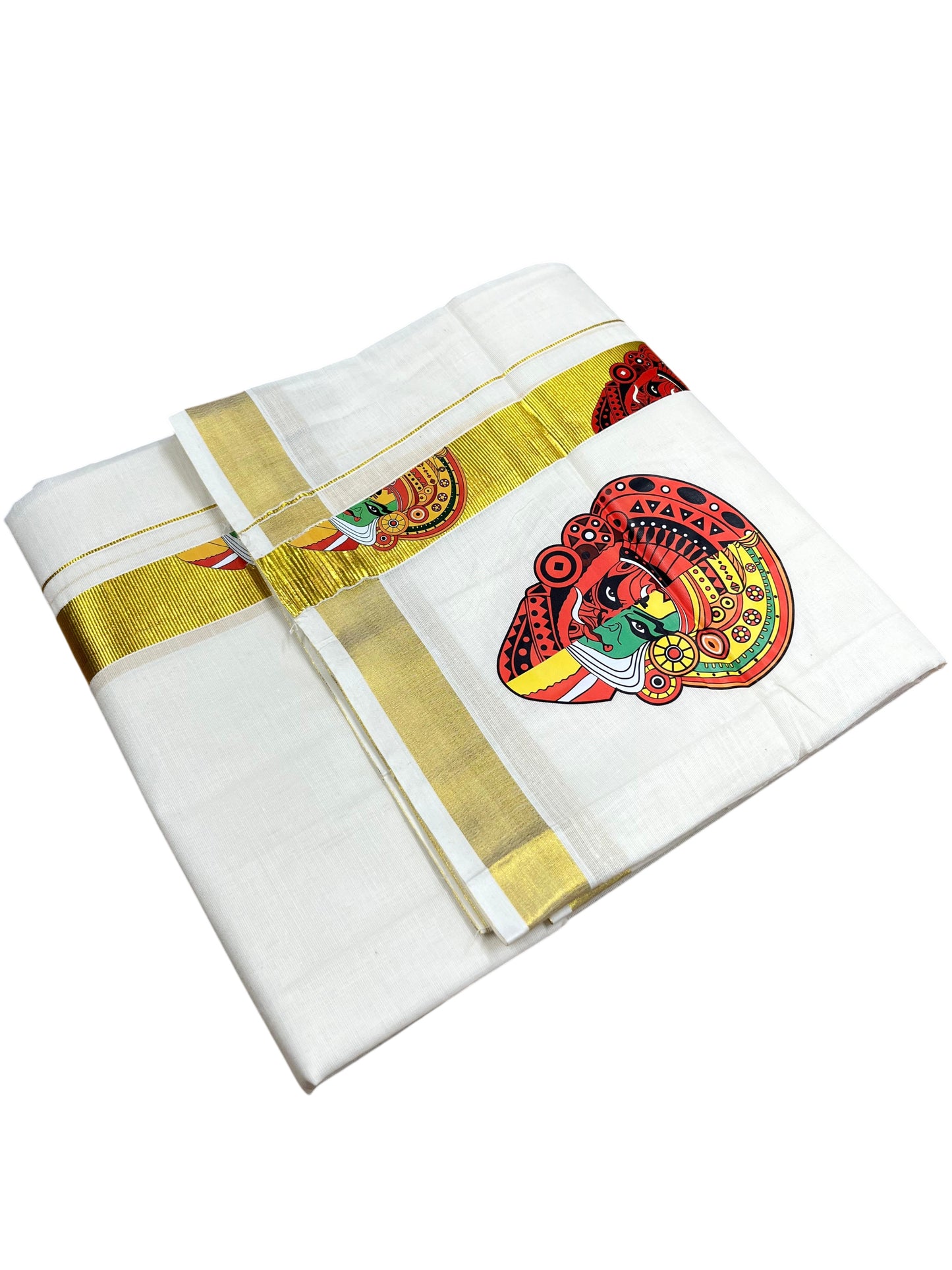 Southloom Kerala Pure Cotton Double Mundu with Kadhakali print and kasavu Border (South Indian Dhoti)