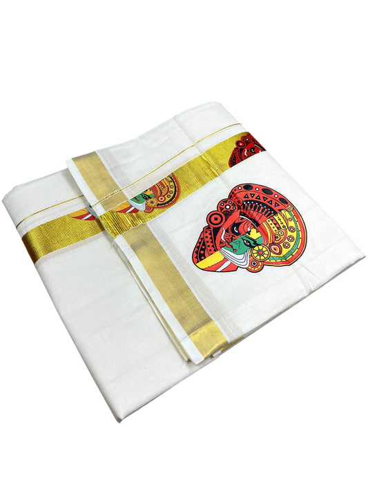 Southloom Kerala Pure Cotton Double Mundu with Kadhakali print and kasavu Border (South Indian Dhoti)