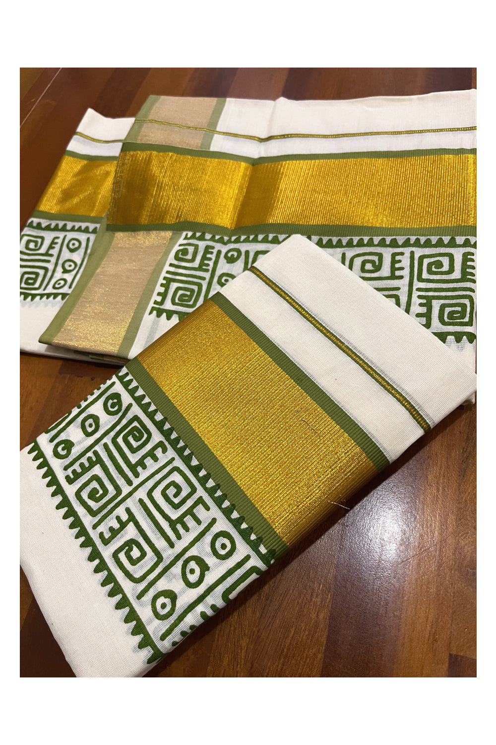 Pure Cotton Kerala Single Set Mundu (Mundum Neriyathum) with Green Block Printed Kasavu Border