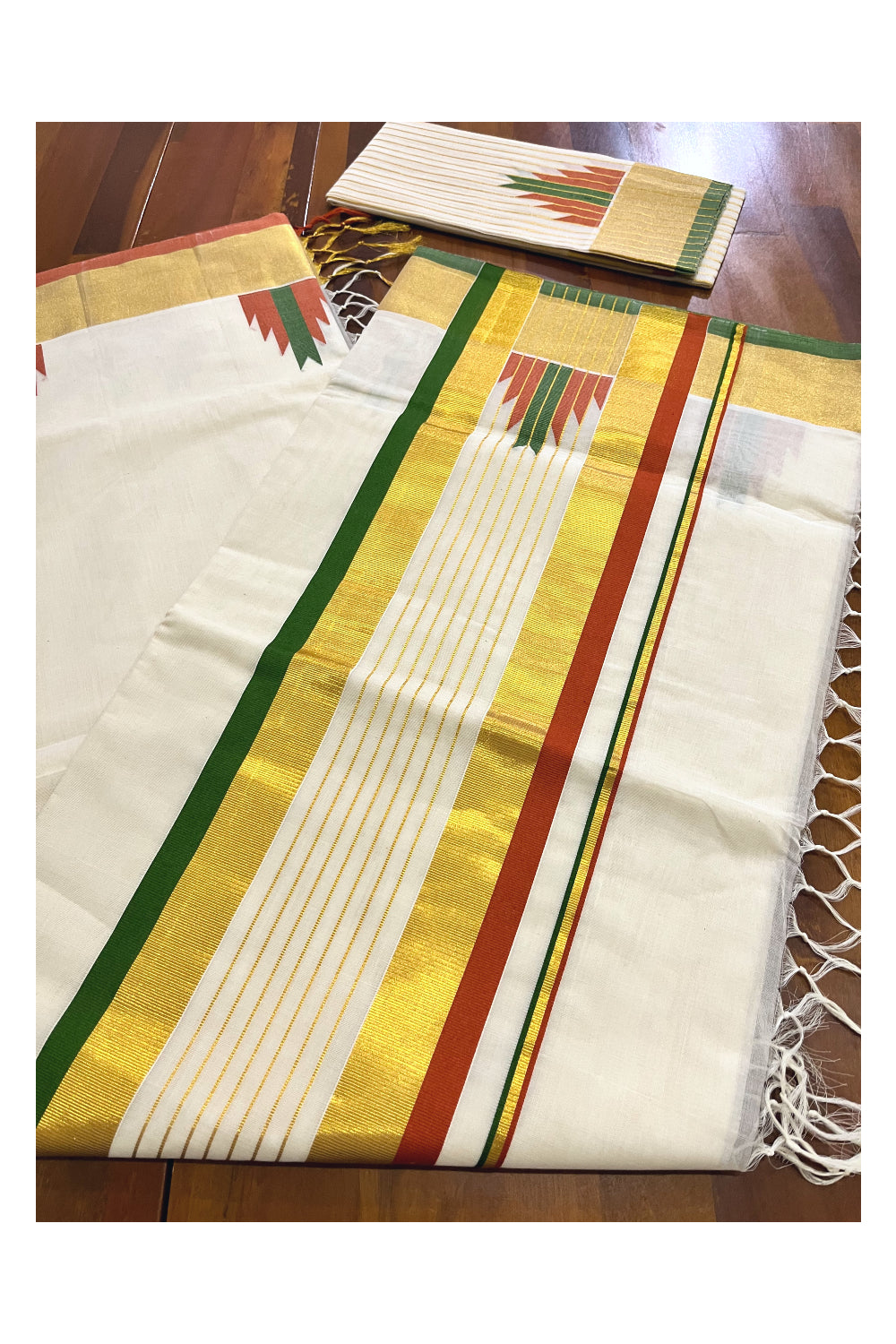 Southloom™ Premium Handloom Cotton Kasavu Saree with Orange Olive Green Temple Woven Border and Stripes Work on Pallu