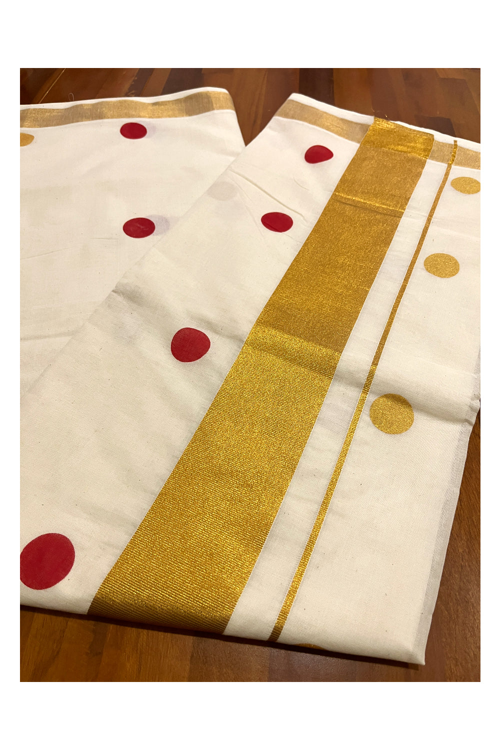 Pure Cotton Off White Kerala Kasavu Saree with Red and Golden Polka Block Printed Design