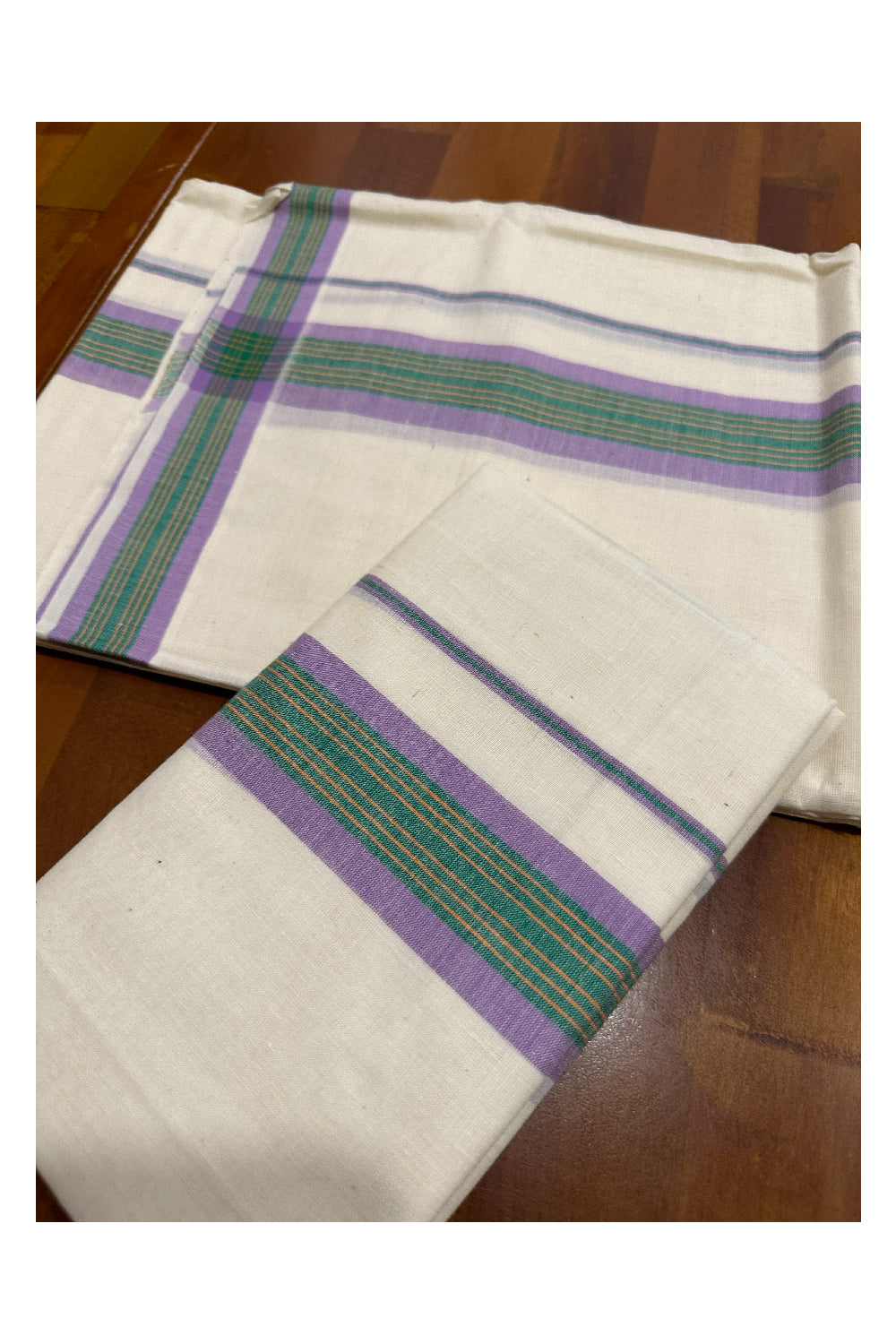 Kerala Mulloth Soft Cotton Mundum Neriyathum Single with Violet and Green Border (Onam Set Mundu 2023)