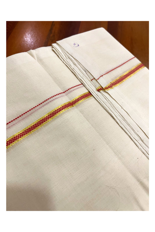 Southloom Premium Balaramapuram Unakkupaavu Handloom Mundu with Kasavu and Red Border (South Indian Kerala Dhoti)