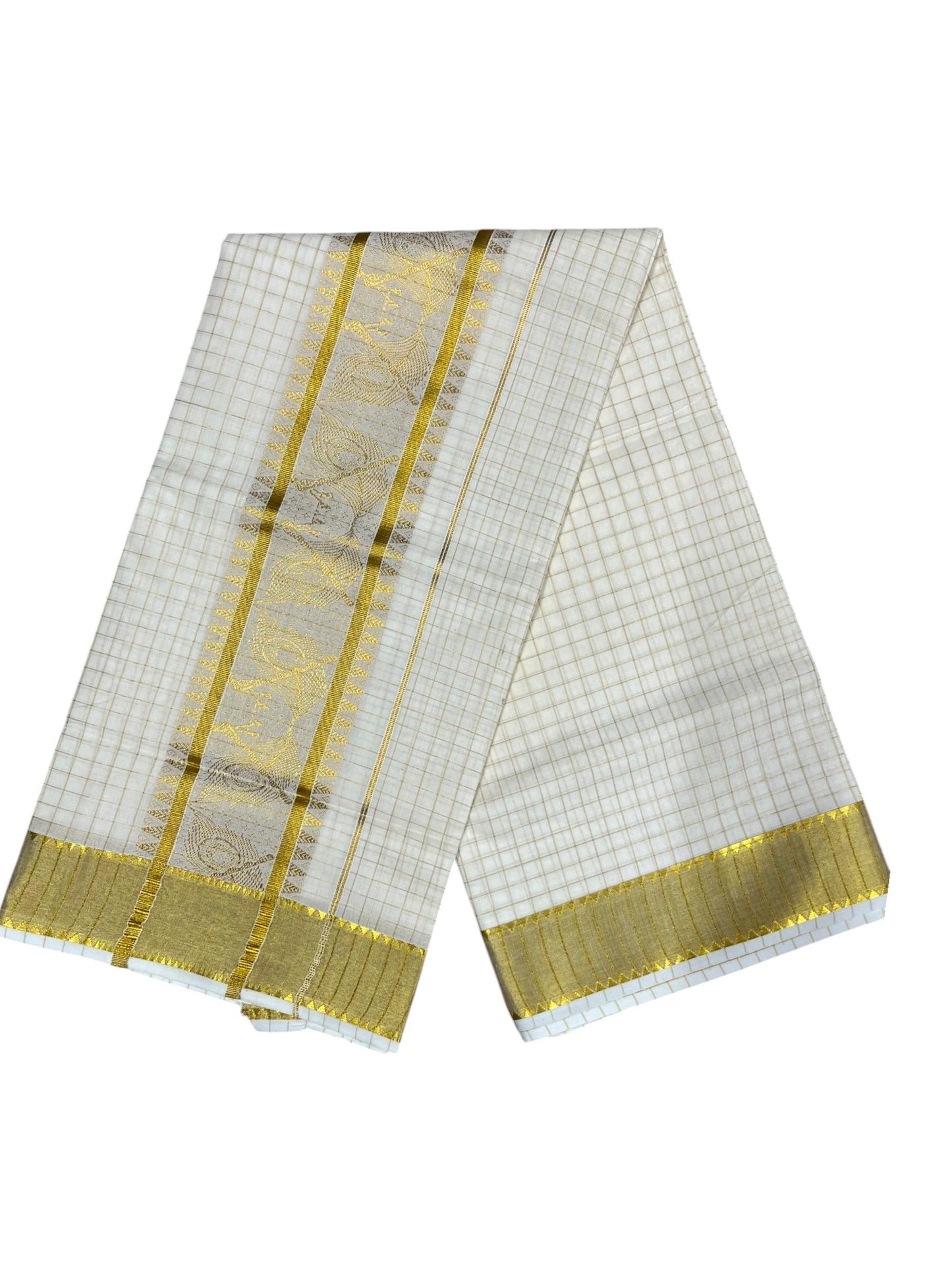 Southloom Pure Cotton Kerala Kasavu Check Saree with Woven Work