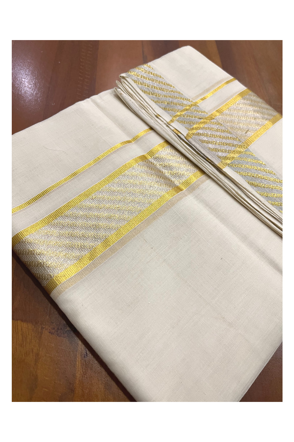 Southloom Premium Balaramapuram Wedding Handloom Mundu with Golden and Silver Kasavu Woven Design Border (South Indian Kerala Dhoti)