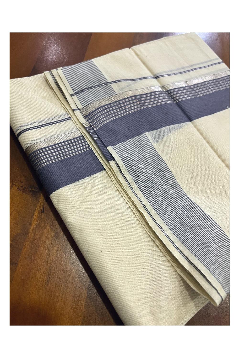 Off White Kerala Cotton Double Mundu with Silver Kasavu and Grey Border (South Indian Kerala Dhoti)