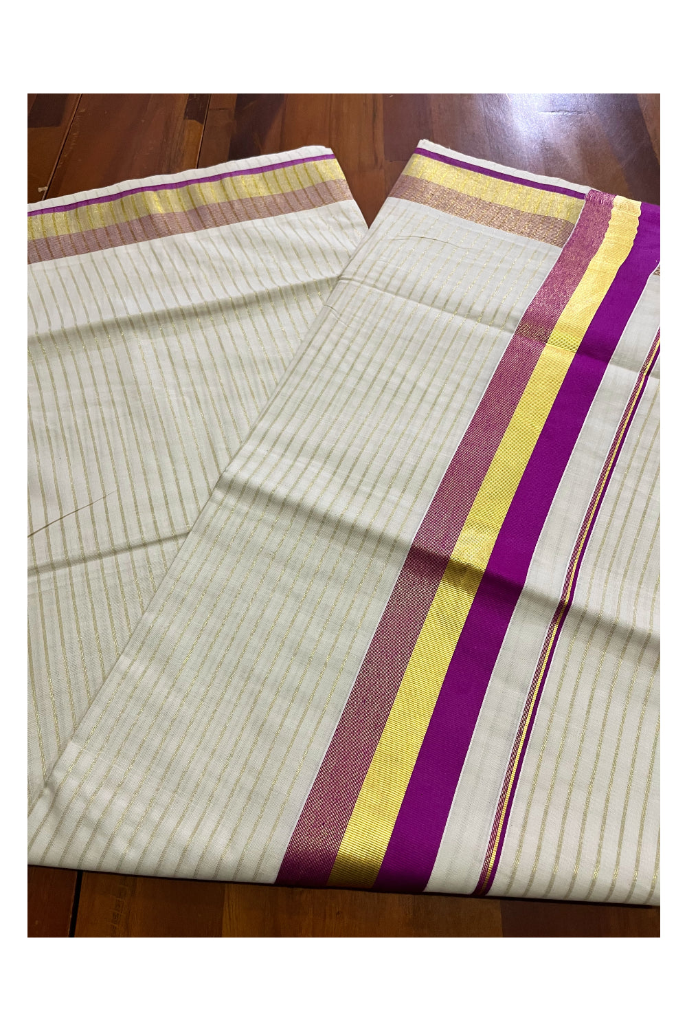 Pure Cotton Kerala Kasavu Lines Design Saree with Magenta Border