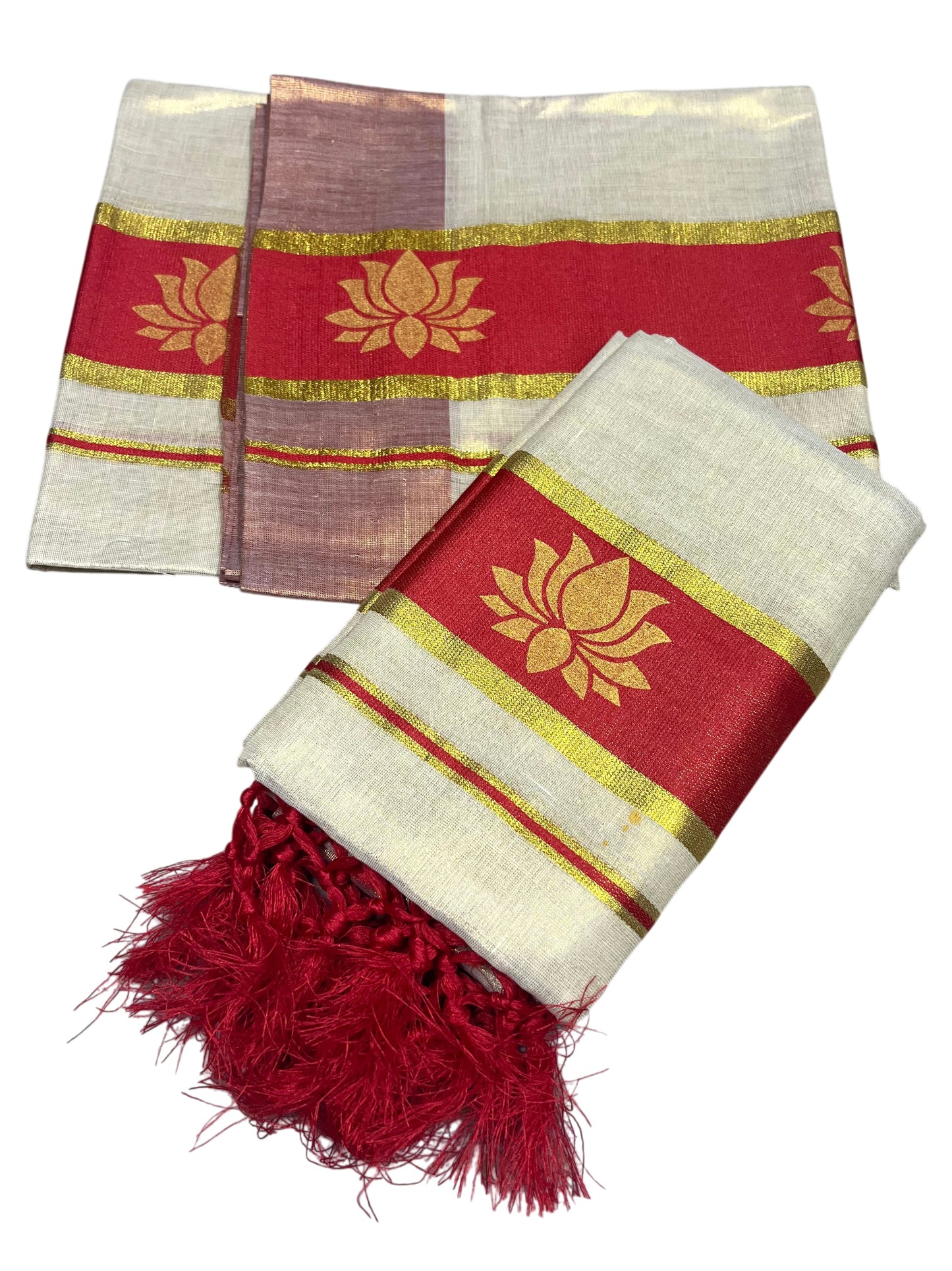 Southloom Kerala Cotton Kasavu Single Set Mundu (Mundum Neriyathum) with Lotus Design in Red