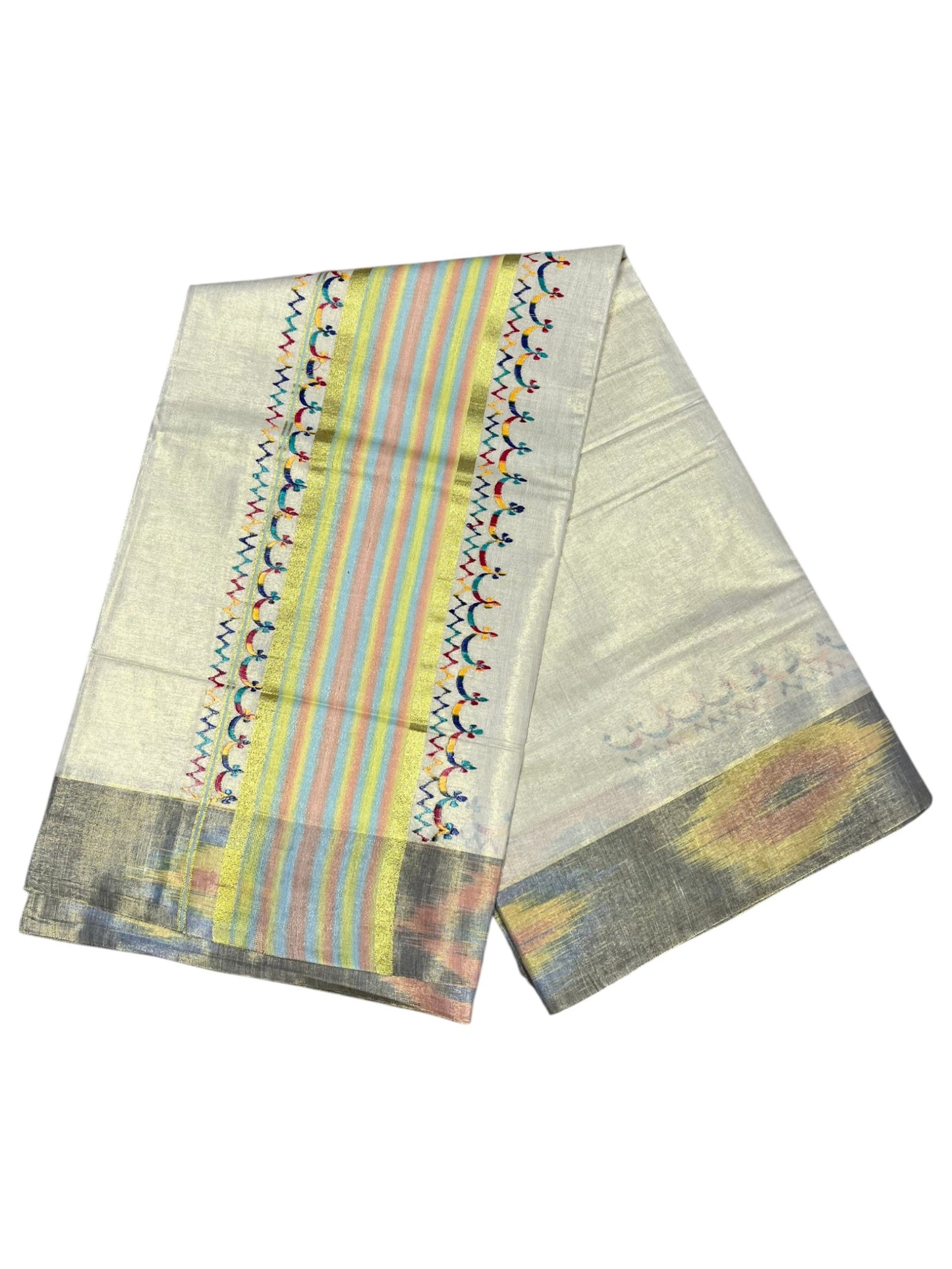 Southloom Kerala Tissue Kasavu Saree with Multi Colour Pochampally Design on Borders and Kara
