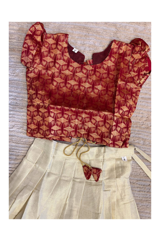 Southloom Kerala Reddish And Tissue Kasave Pavada Blouse with Bead Work for Kids (Age 1 - 10)