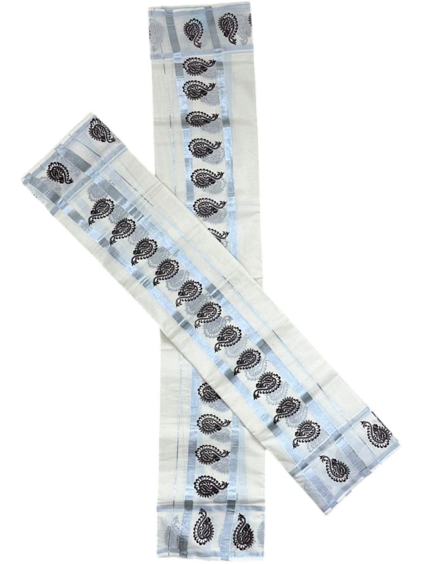 Southloom Kerala Pure Cotton Set Mundu Single (Mundum Neriyathum) with Silver & Black Border in 2.80 Mtrs SL570
