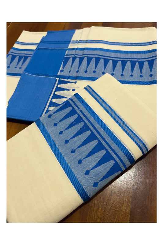Pure Cotton Kerala Single Set Mundu (Mundum Neriyathum) with Blue Block Printed Border