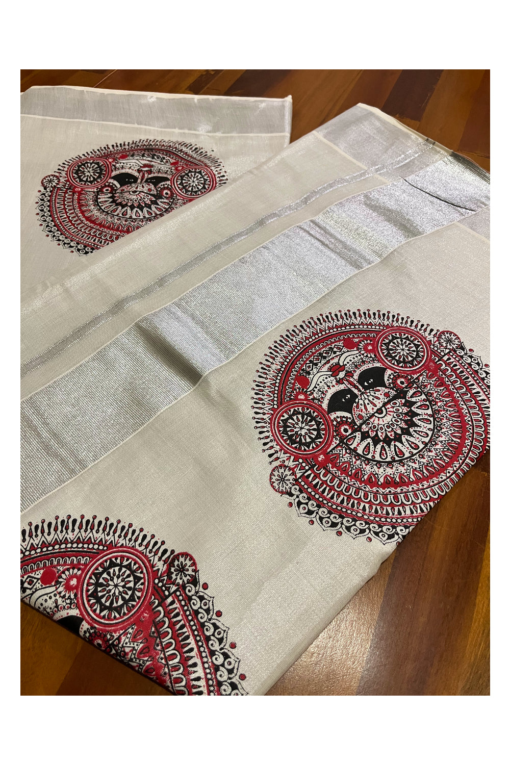 Kerala Silver Tissue Kasavu Saree with Theyyam Mural Prints