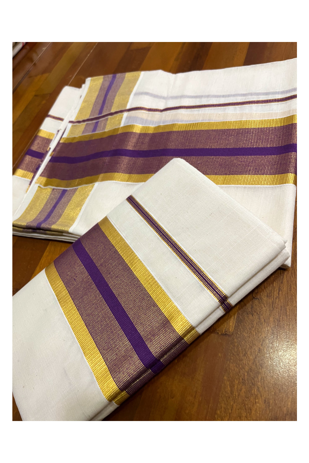 Kerala Cotton Set Mundu (Mundum Neriyathum) with Violet and Kasavu Border 2.80 Mtrs