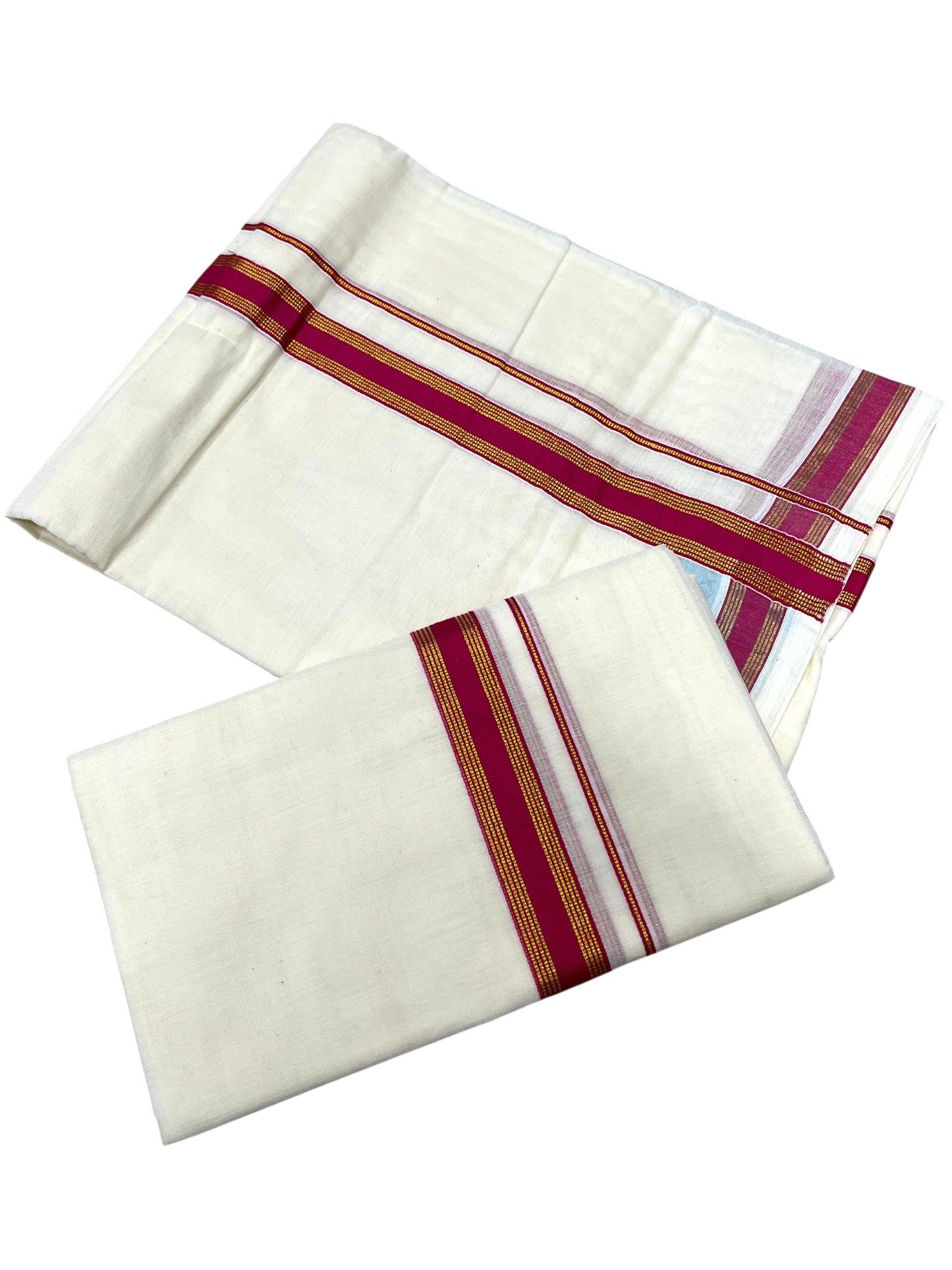 Southloom Pure Cotton Kerala Single Set Mundu (Mundum Neriyathum) with Magenta Kasavu Border in 2.80 Mtrs