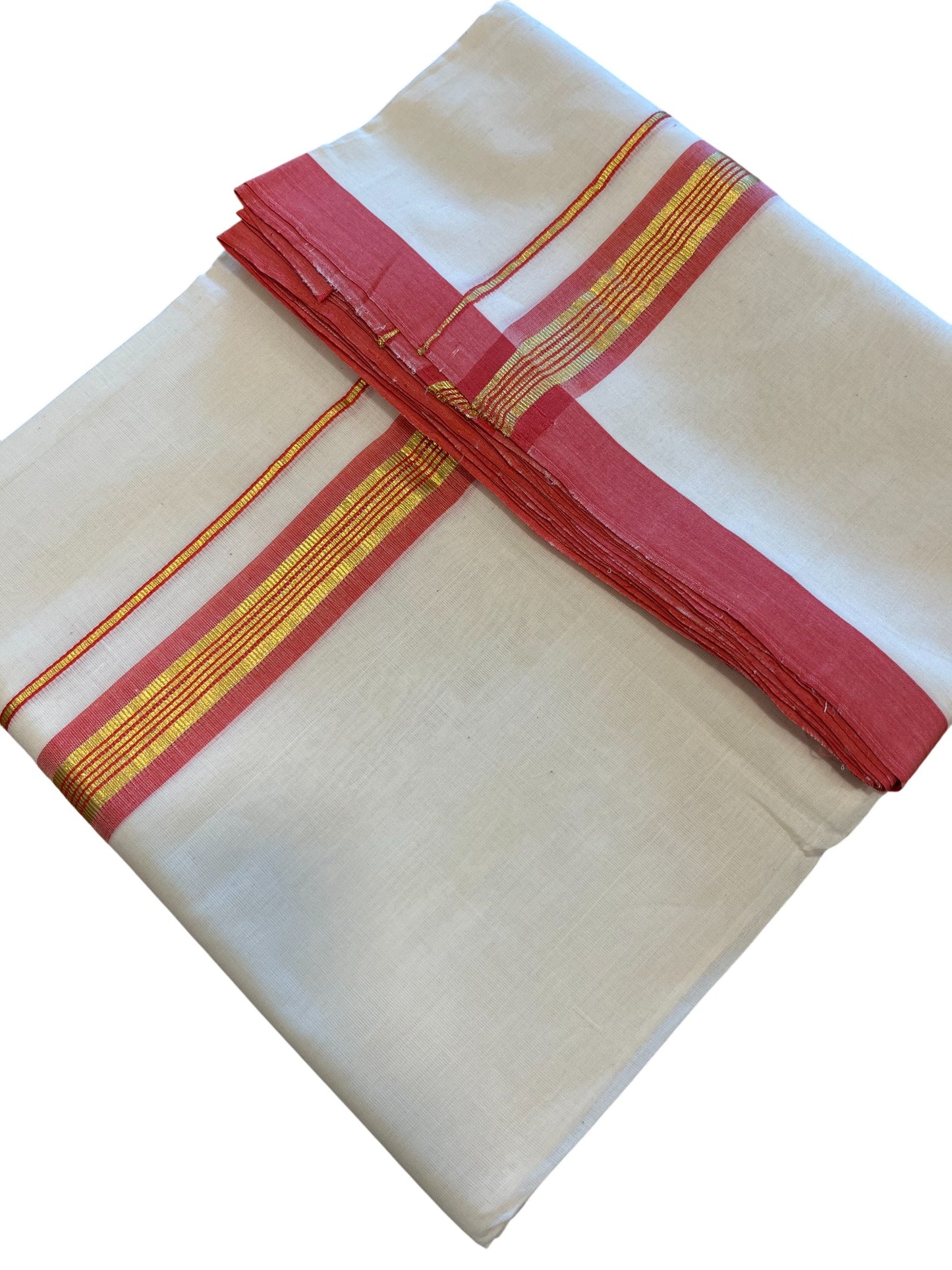 Southloom Premium Handloom Cotton Double Mundu with Gold and Red Border