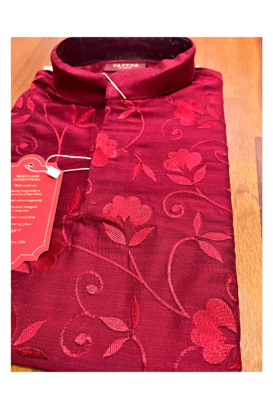 Southloom Maroon Woven Works Semi Silk Short Kurta for Men