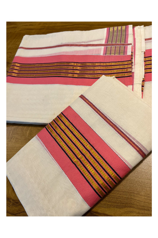 Kerala Cotton Set Mundu (Mundum Neriyathum) with Kasavu and Pink Border