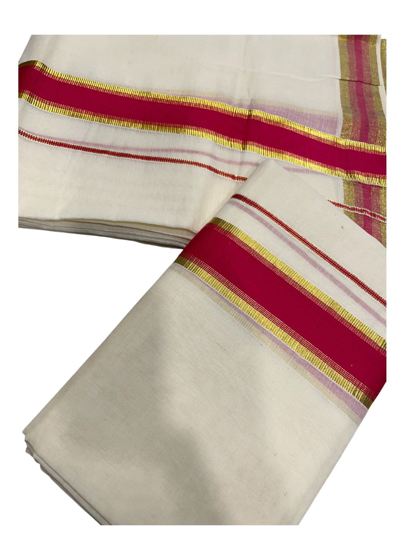 Kerala Cotton Set Mundu (Mundum Neriyathum) with Kasavu and Red Border