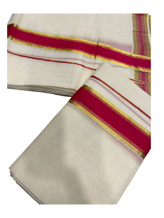 Kerala Cotton Set Mundu (Mundum Neriyathum) with Kasavu and Red Border