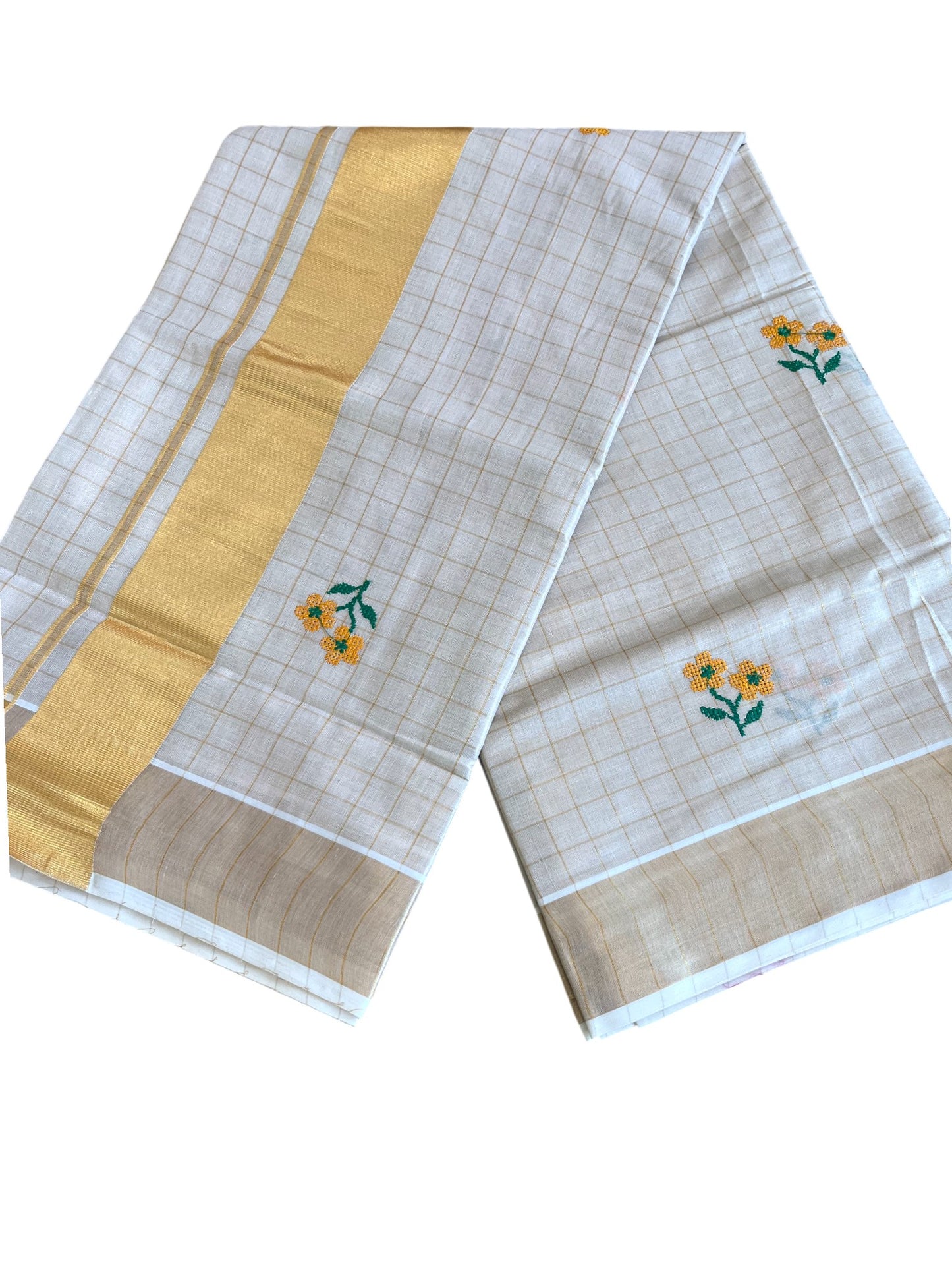 Southloom Kerala Tissue Kasavu Check Saree With Floral Embroidery Work