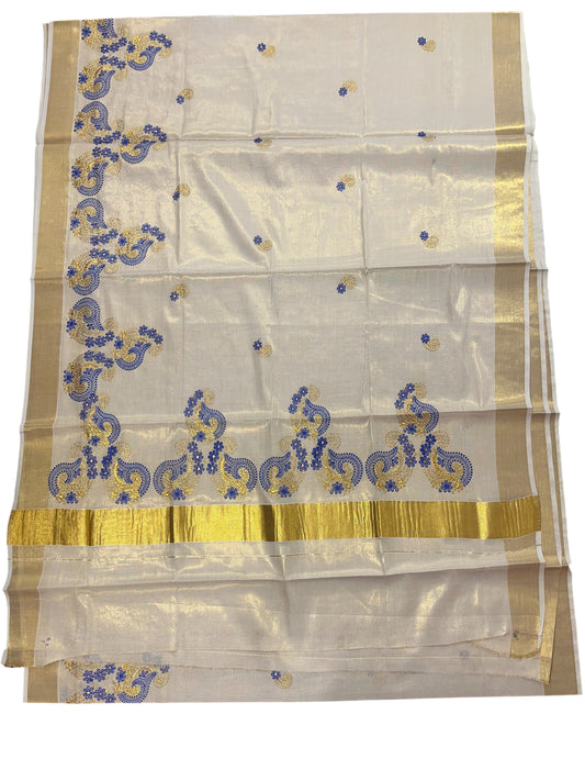 Southloom Kerala Tissue Kasavu Plain Saree with Gold and Blue Embroidery Works