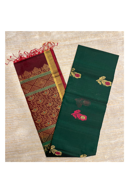 Southloom Pure Handloom Cotton Silk Saree With Handwoven Work Across Body and Blouse in Green And Maroon