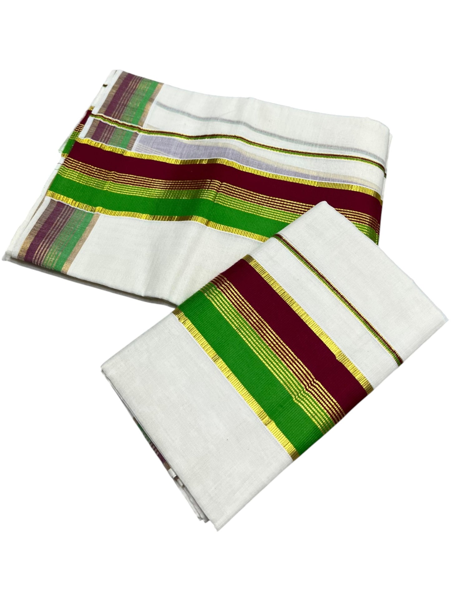 Southloom Kerala Cotton Kasavu Single Set Mundu (Mundum Neriyathum) with Green and Maroon Kasavu Border SLKK
