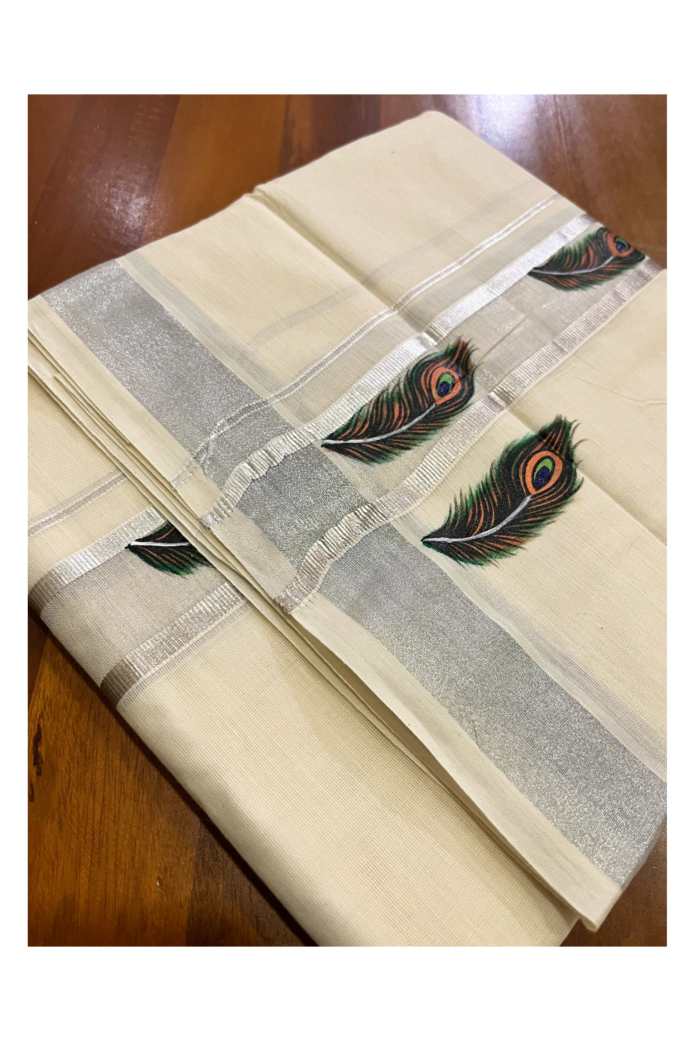 Pure Cotton Kerala Double Mundu with Silver Kasavu Hand Painted Design Border (South Indian Kerala Dhoti)