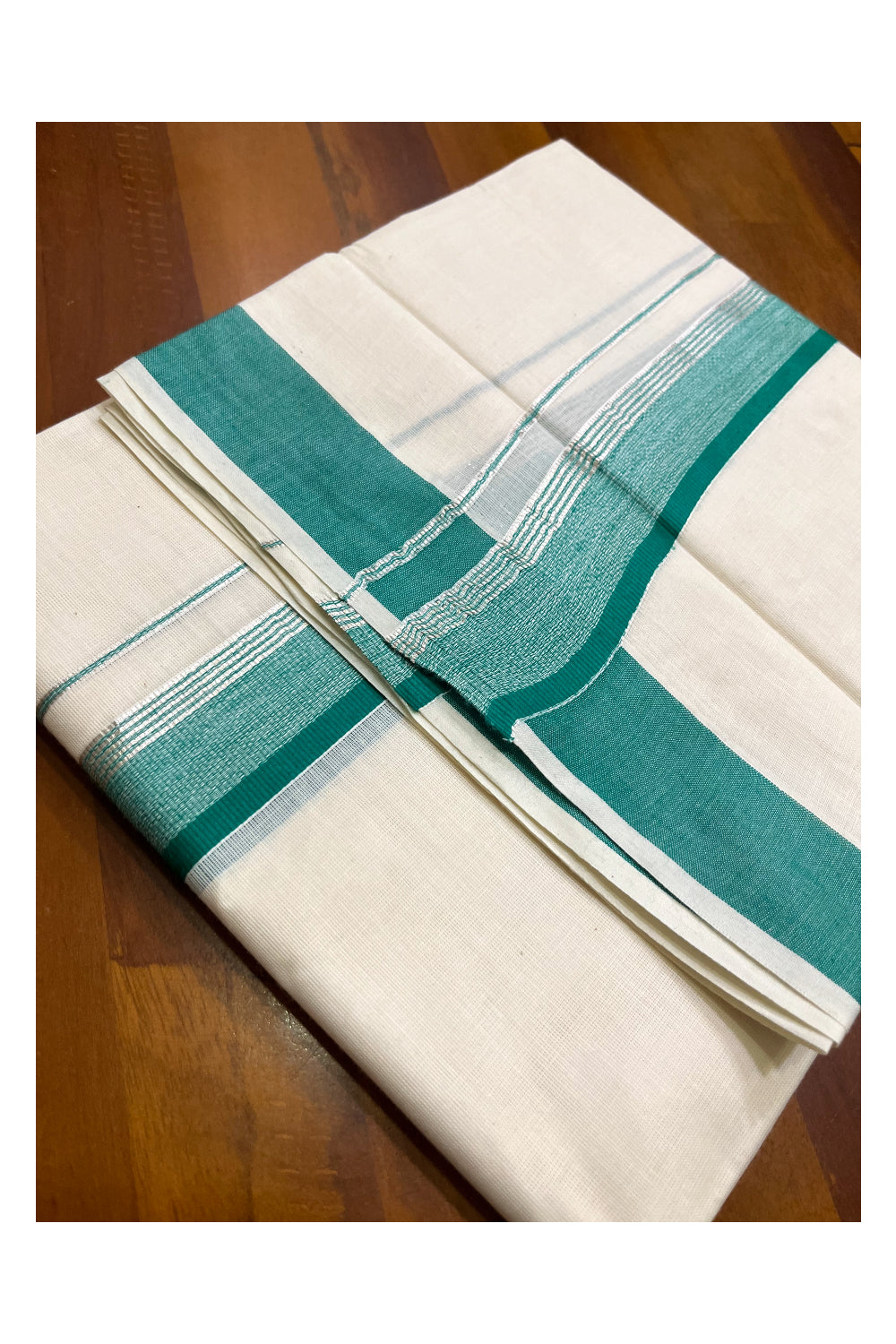 Kerala Pure Cotton Double Mundu with Green and Silver Kasavu Line Border (South Indian Kerala Dhoti)