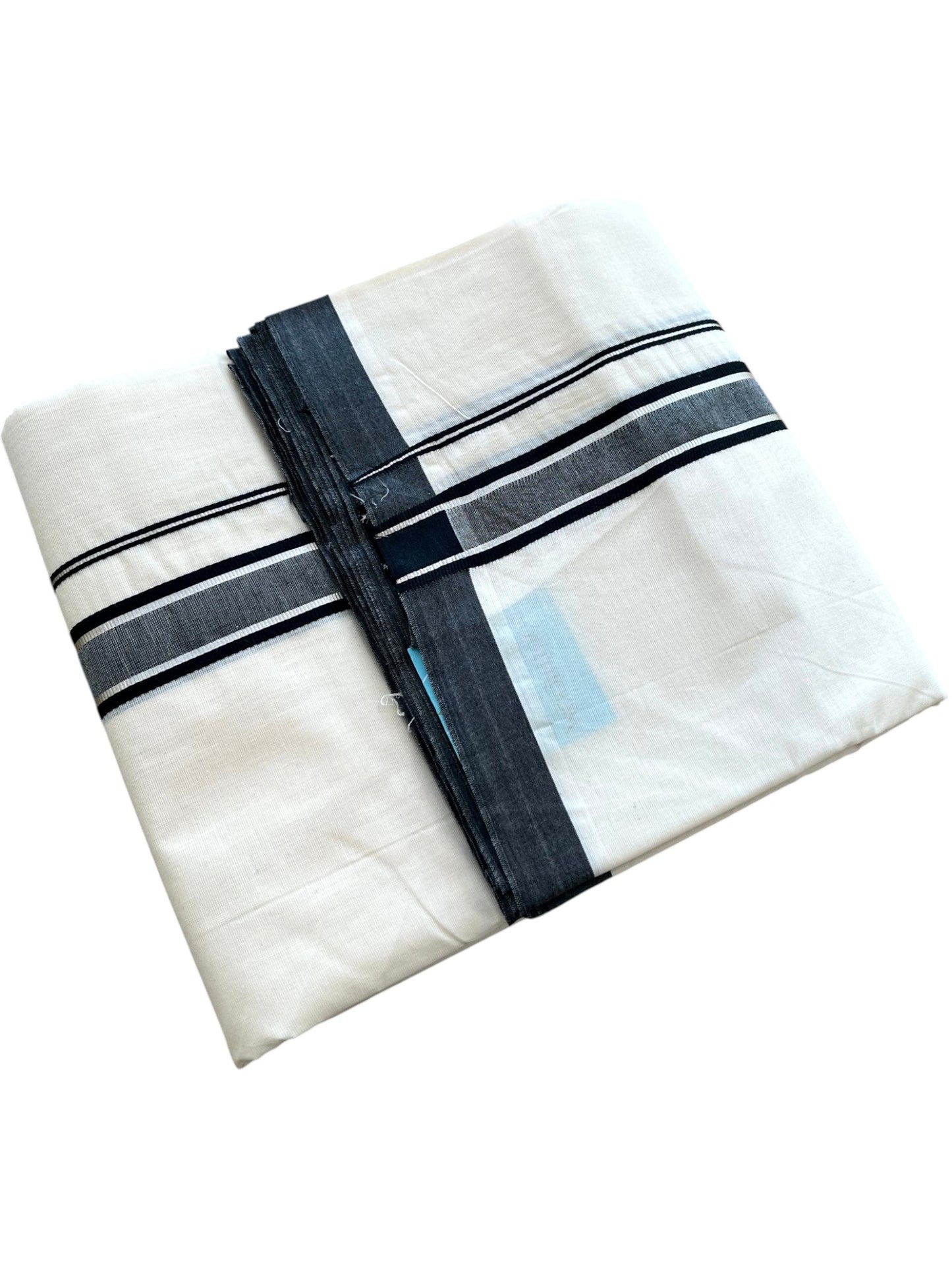 Southloom Pure Cotton Mundu with Silver Lines and Black Border (South Indian Kerala Dhoti)